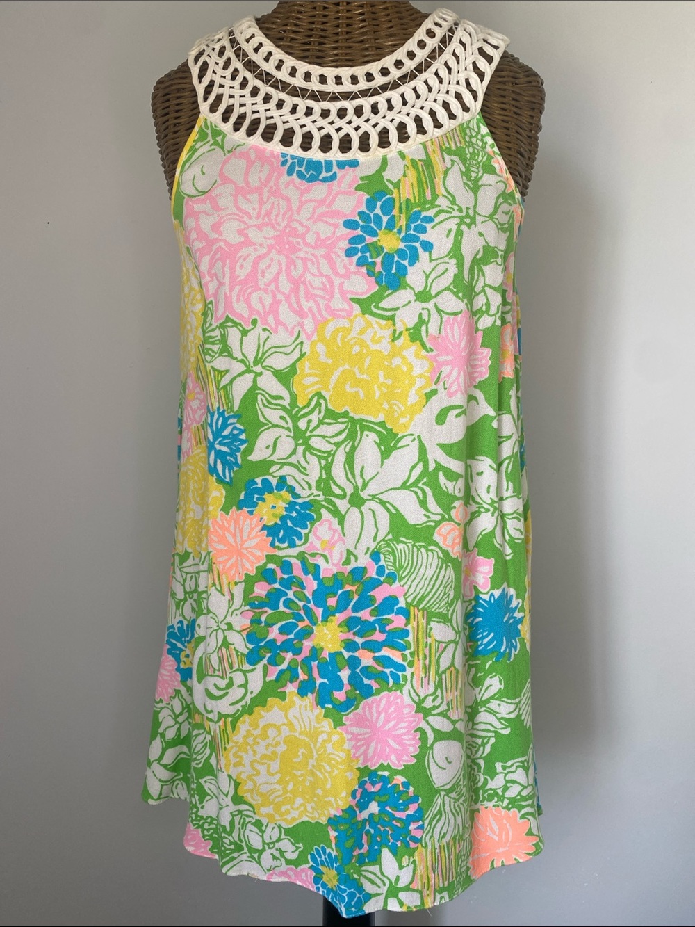 Lilly Pulitzer Green Floral Crochet-Neck Mini Dress